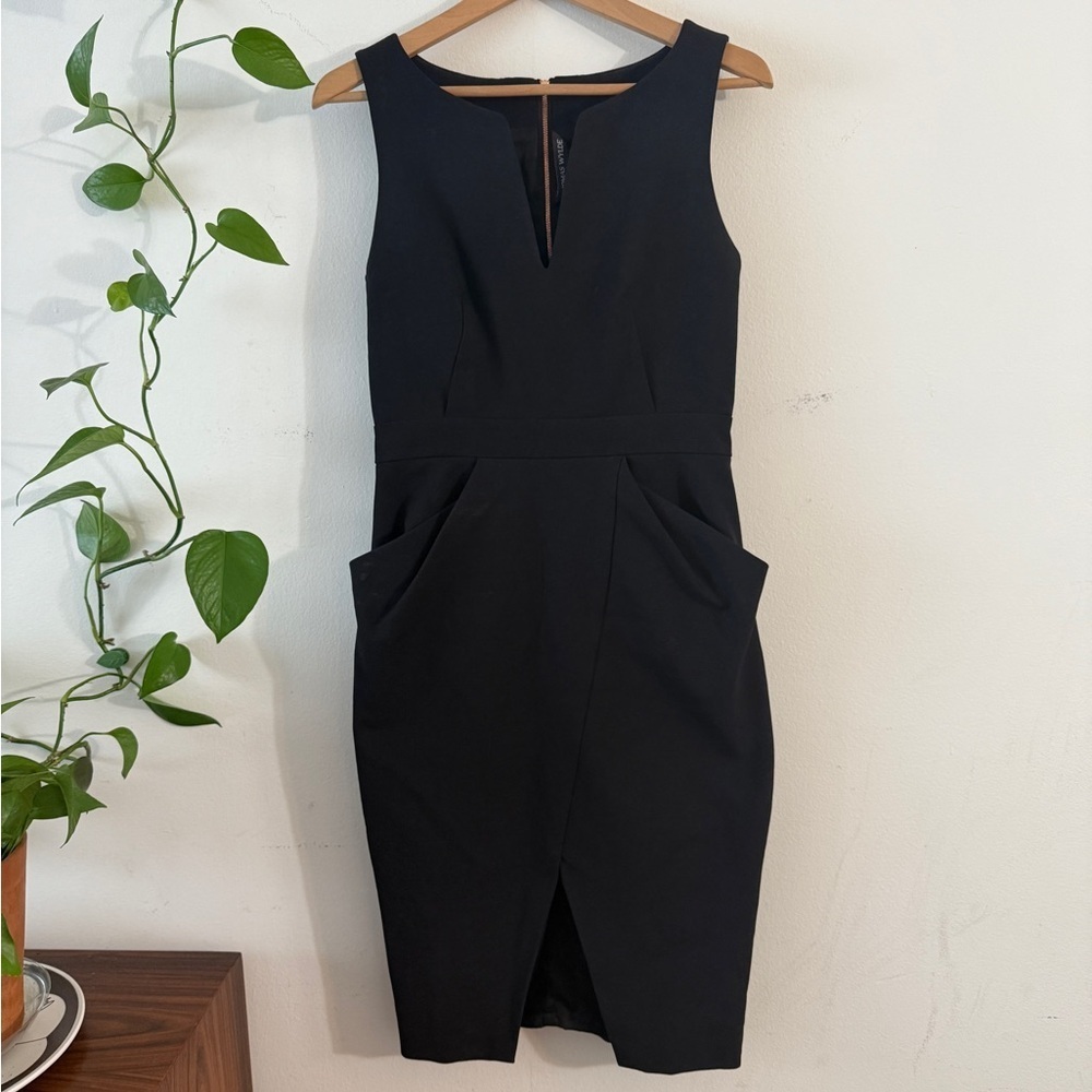 Thomas Wylde Black Gold Zip Back Bodycon Elegent Cocktail Midi Dress